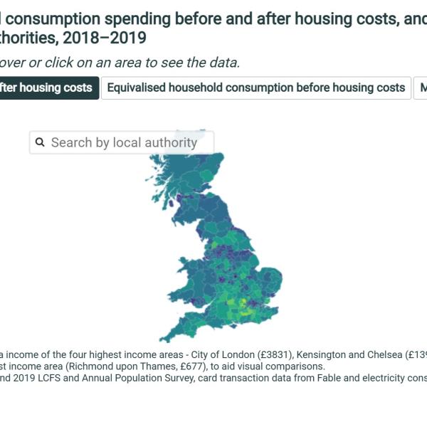 Average household consumption spending before and after housing costs, and mean weekly per-capita income, in different local authorities, 2018–2019